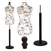Female Dressmakers Mannequin Black Floral with Black Wood Round Stand